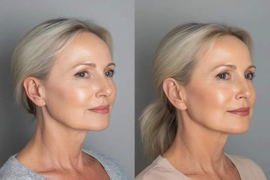 Side-by-side comparison of a woman's face before and after dermal filler treatment.