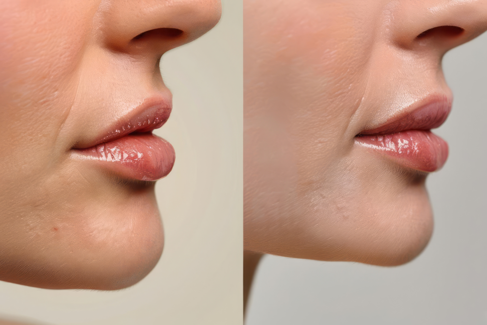 Before and after lip fillers enhancement.